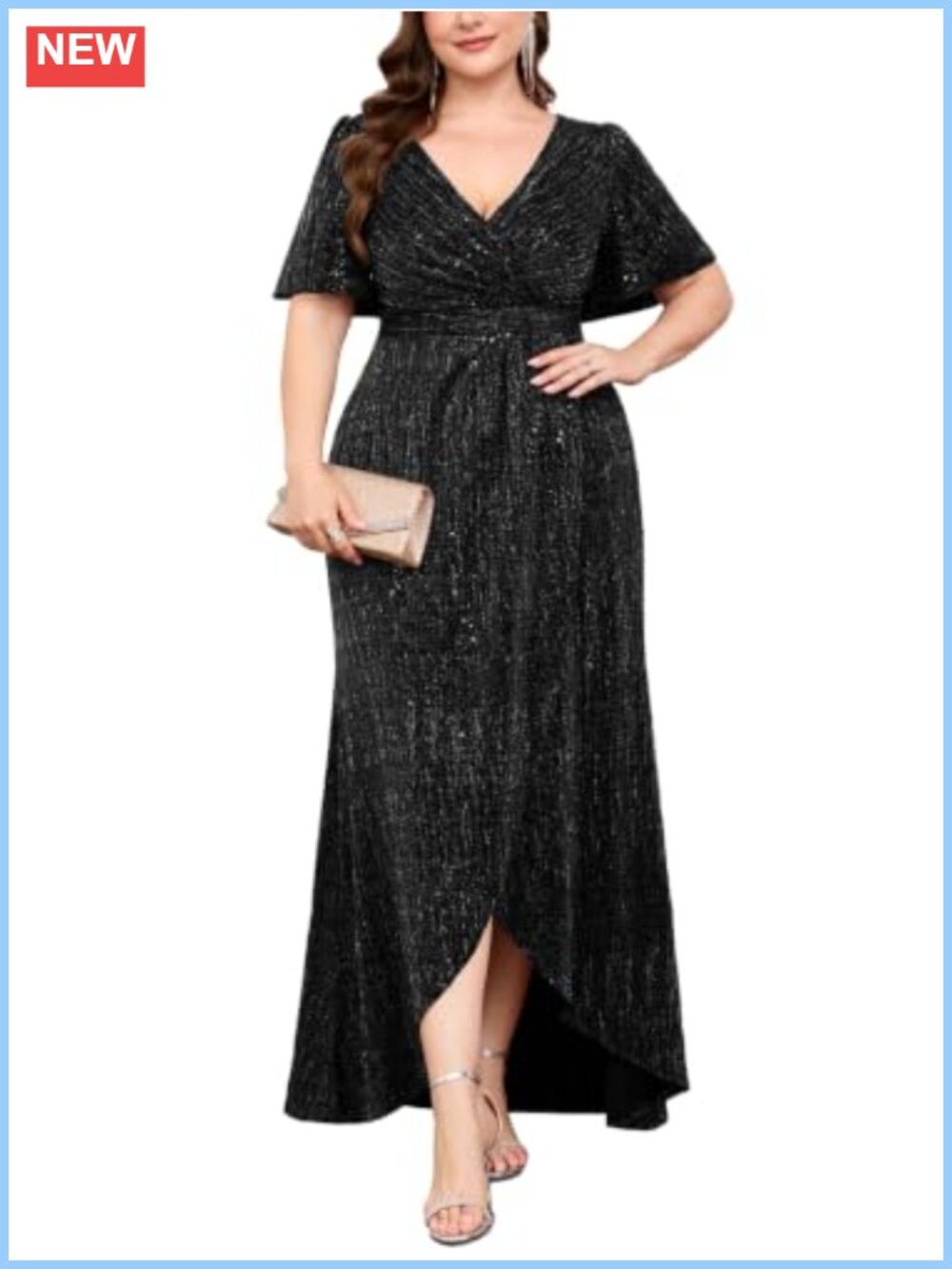 Plus Size Sequin Formal Maxi Dress Wrap V Neck Ruffles Sleeve Mermaid Gown